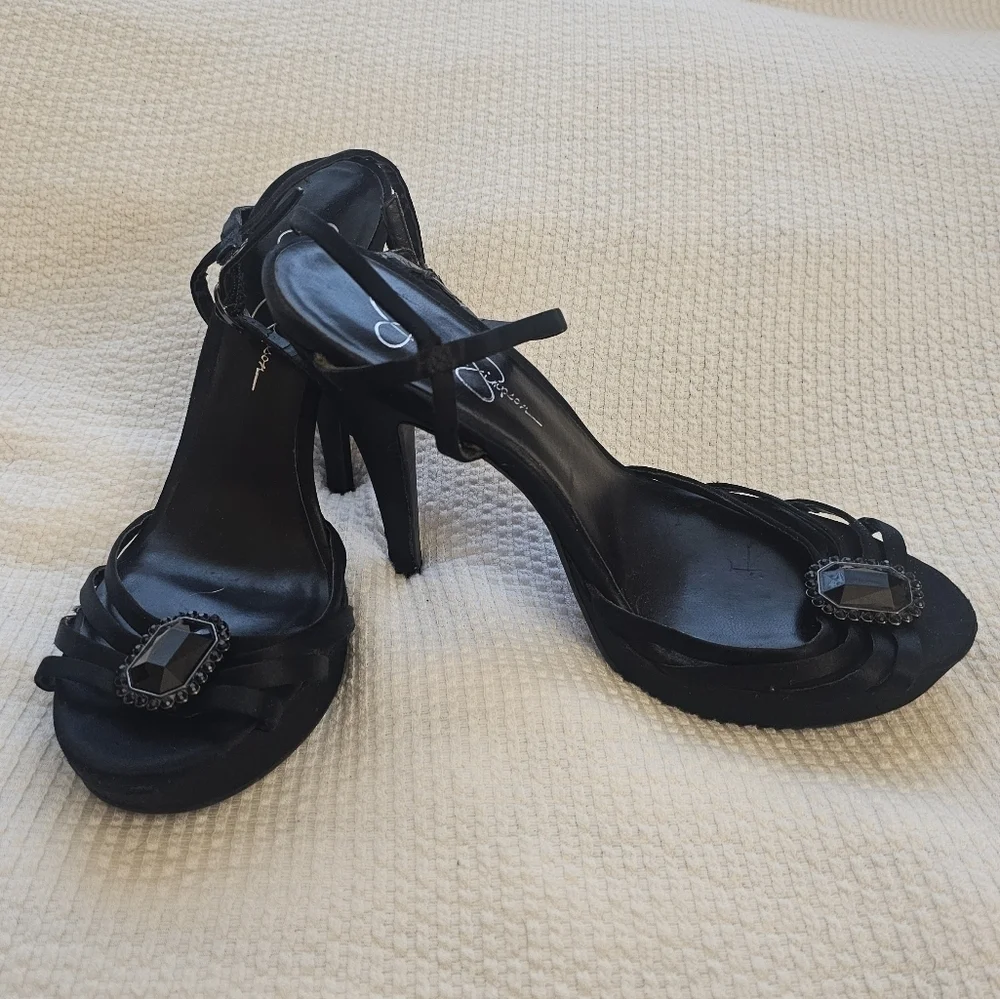 Jessica Simpson Black Strappy Heels with Black Jewel size 9